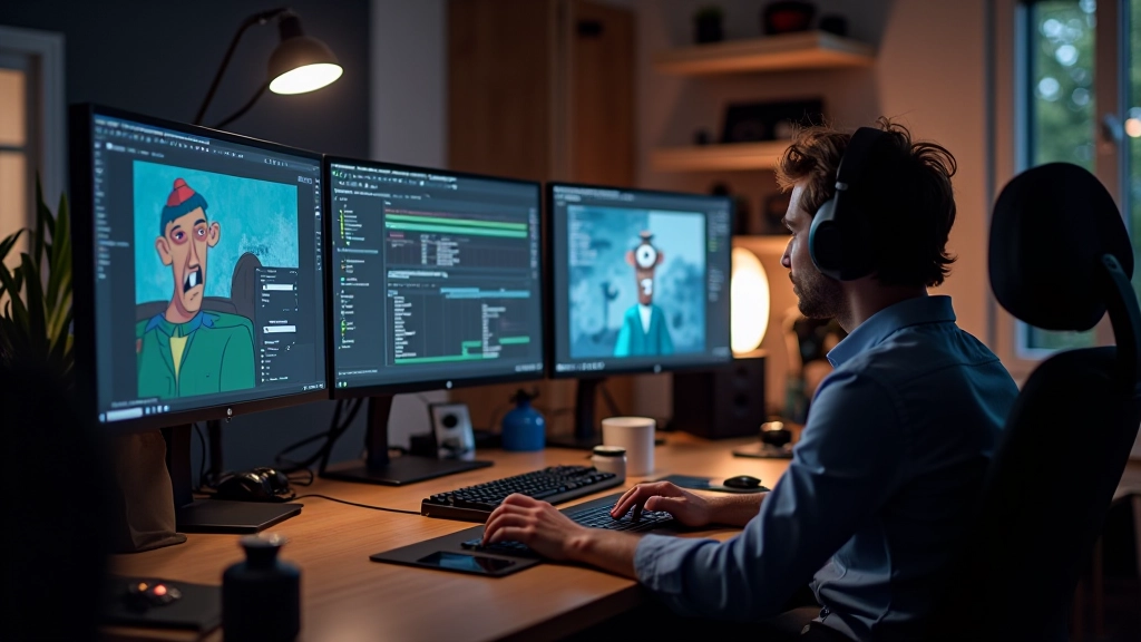 Productie setup met monitoren, grafische tablets en animatie software in professionele werkruimte