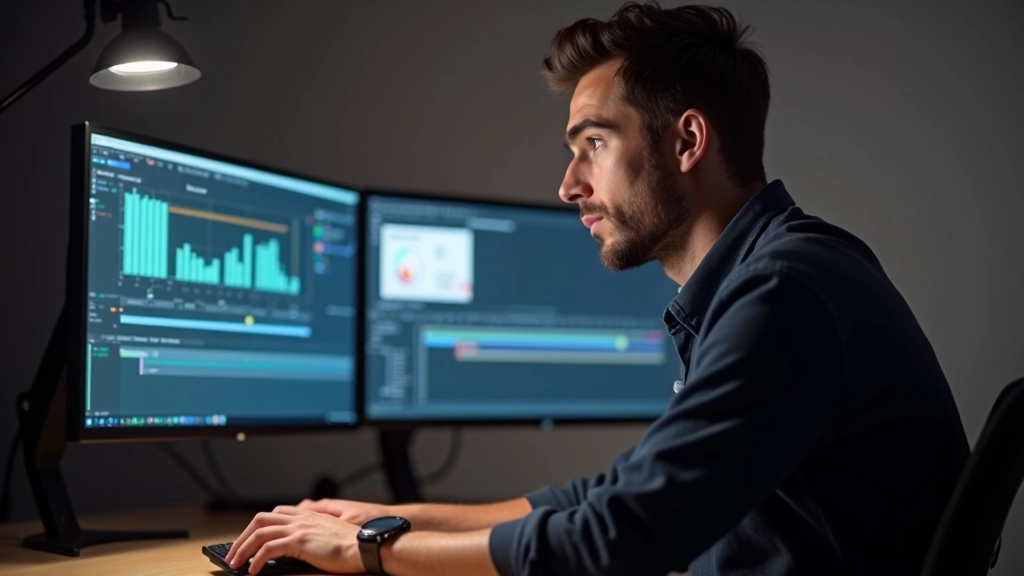 Animator werkt aan timing en keyframes in animatiesoftware, twee monitoren tonen de tijdlijn