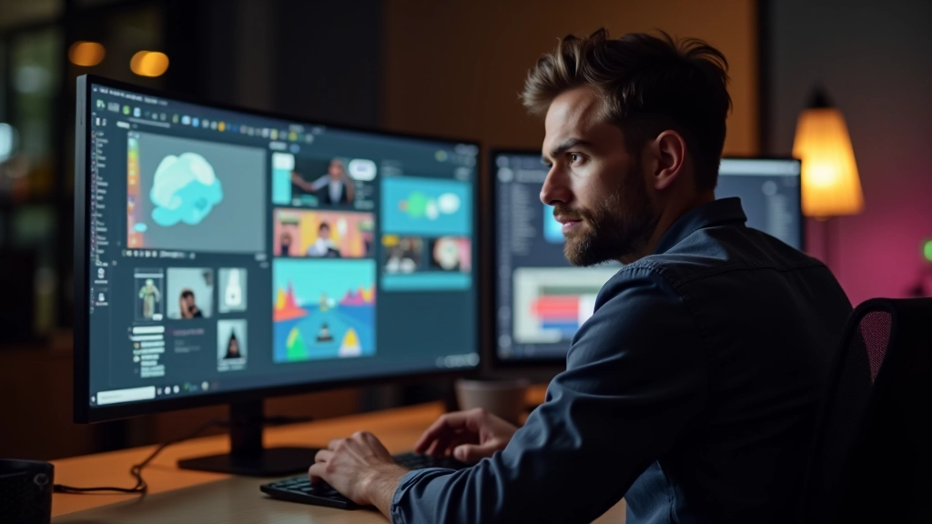 Designer werkt aan storyboard met kleurrijke visuele elementen op groot scherm in moderne studio