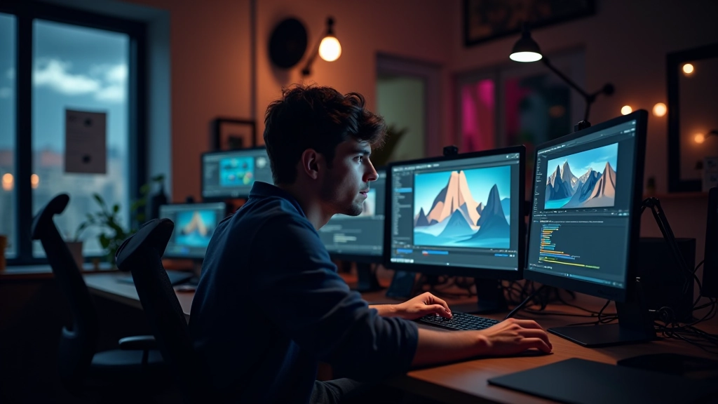 Professionele animatiestudio met motion graphics op het scherm en kleurvolle creatieve omgeving