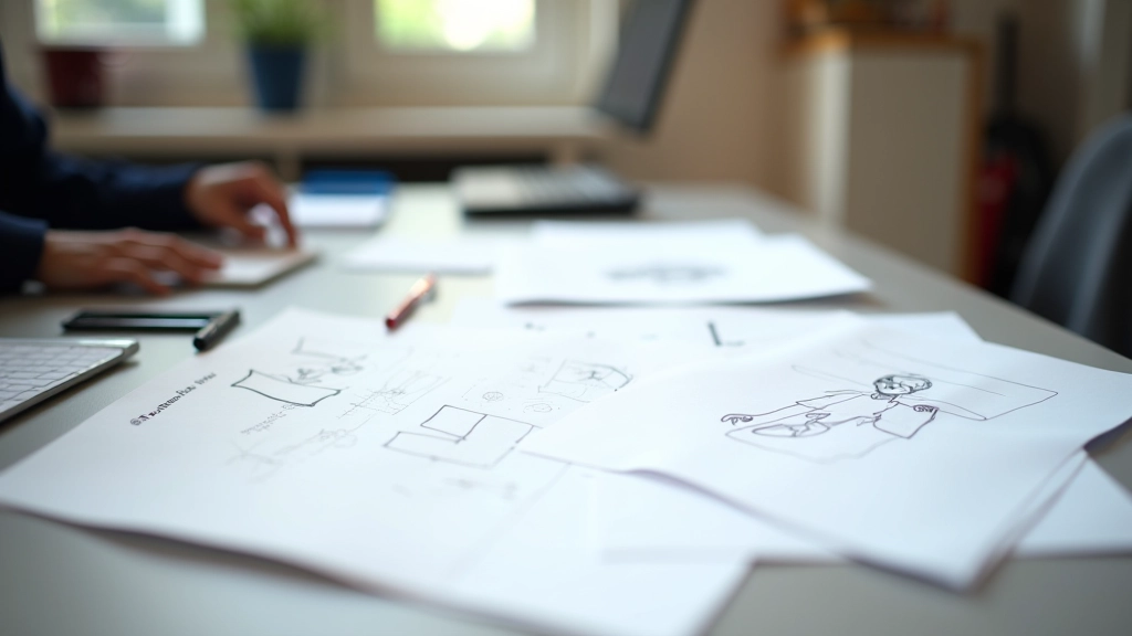 Storyboard layout met hand-getekende scènes en timing aantekeningen op wit papier