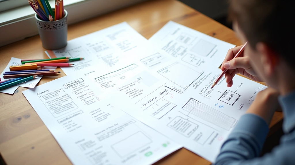 Storyboard schets met nummering en timing notaties, kleurpotlood en notities op papier