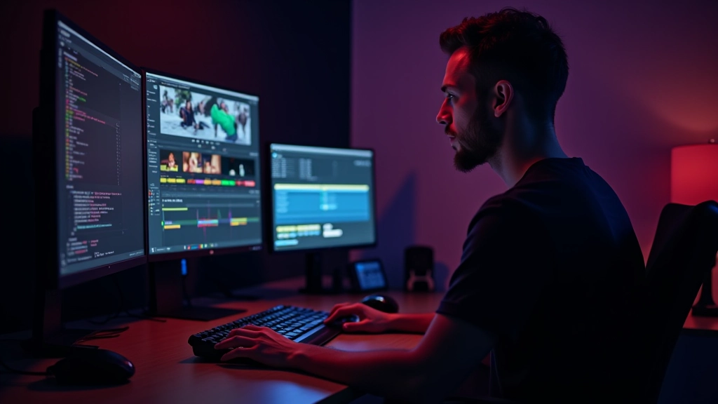 Post-production workstation met kleurgrading monitor en audio editing interface